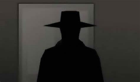 Dark silhouette of a man wearing a wide-brimmed hat, depicting a mysterious shadow person figure.