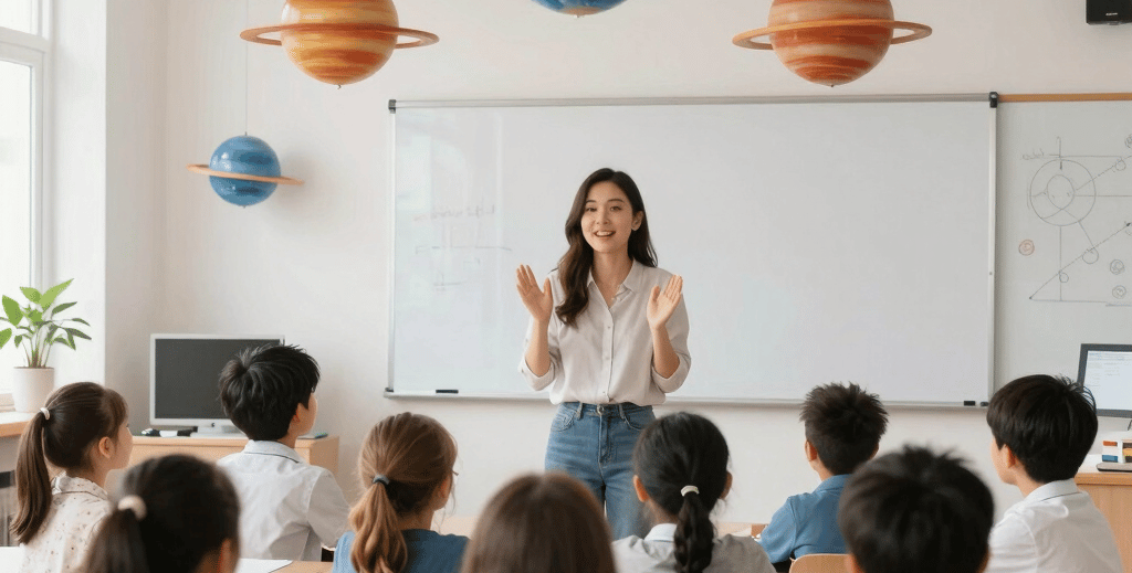 A teacher leads an elementary science class lesson on astronomy with hanging planet models.