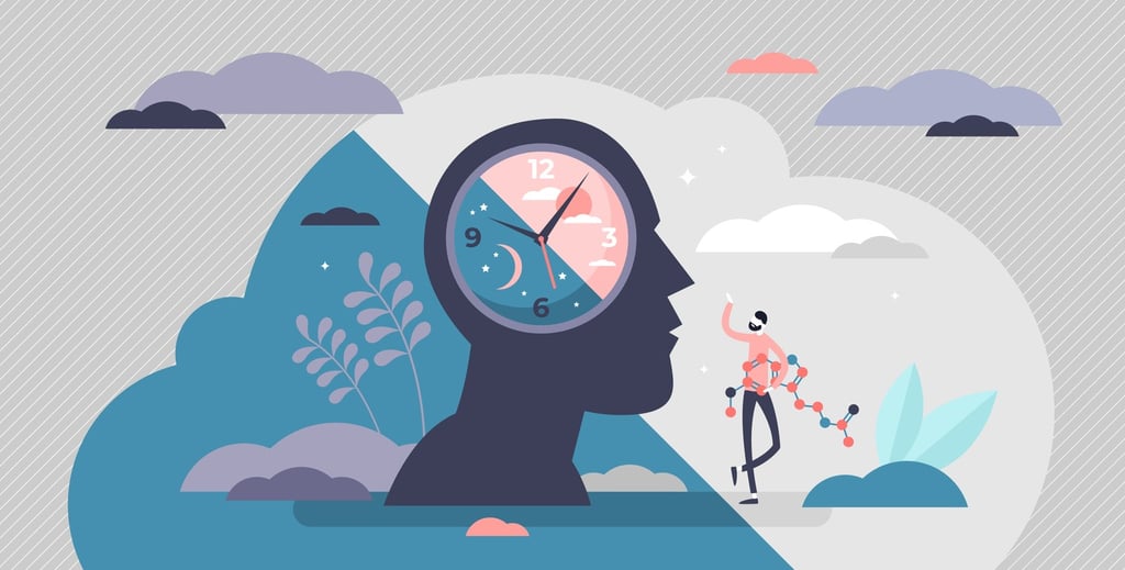 Circadian rhythm concept, tiny person vector illustration. Day and night cycle scheme. Daily human b