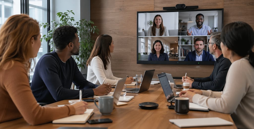 Reunião híbrida em uma sala moderna: equipe diversa sentada ao redor de uma mesa de madeira com lapt