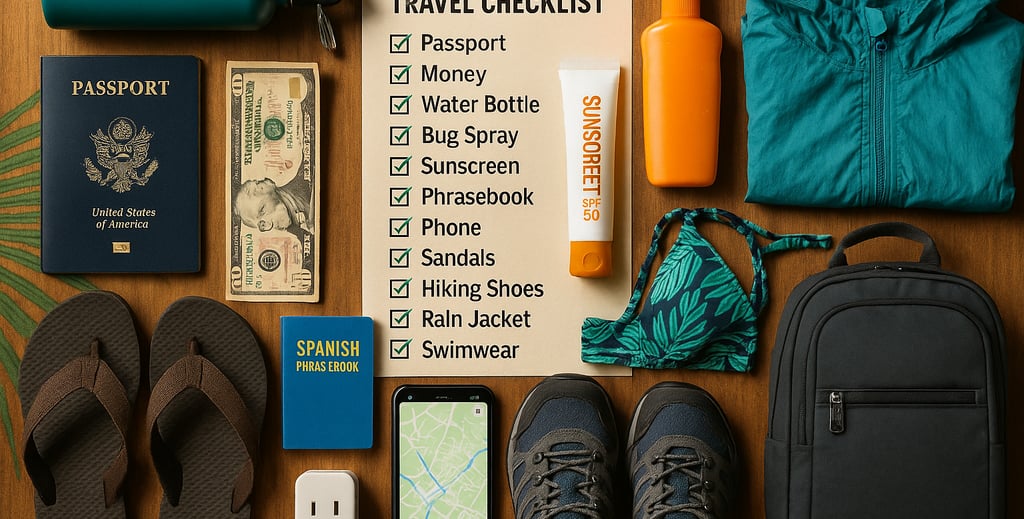 Flat lay of a final Nicaragua travel checklist with passport, $10 USD cash, refillable water bottle, bug spray, sunscreen, ph