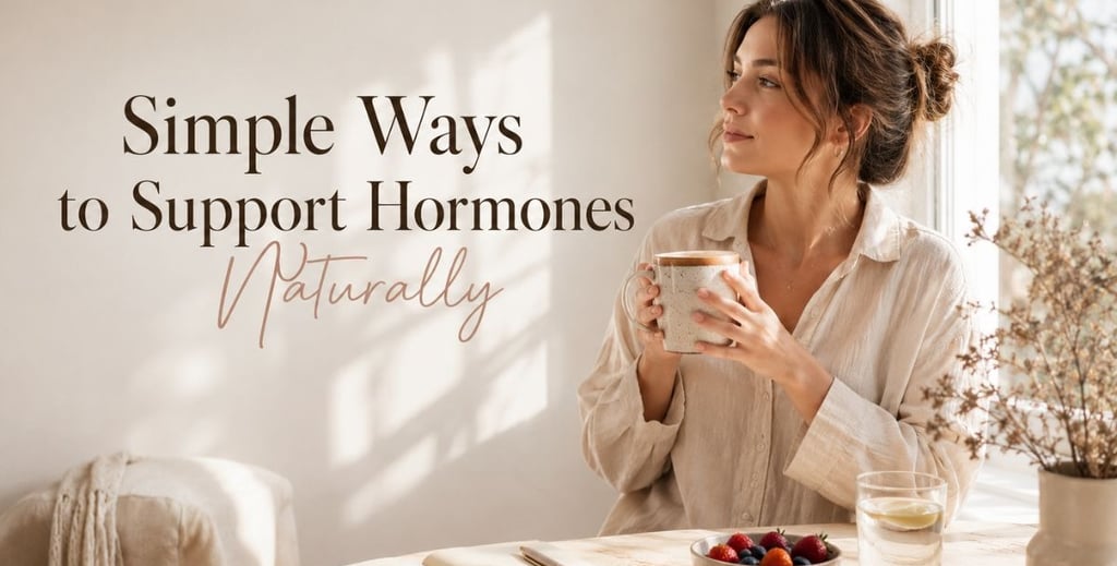 Woman holding a mug by a sunny window with the text Simple Ways to Support Hormones Naturally.