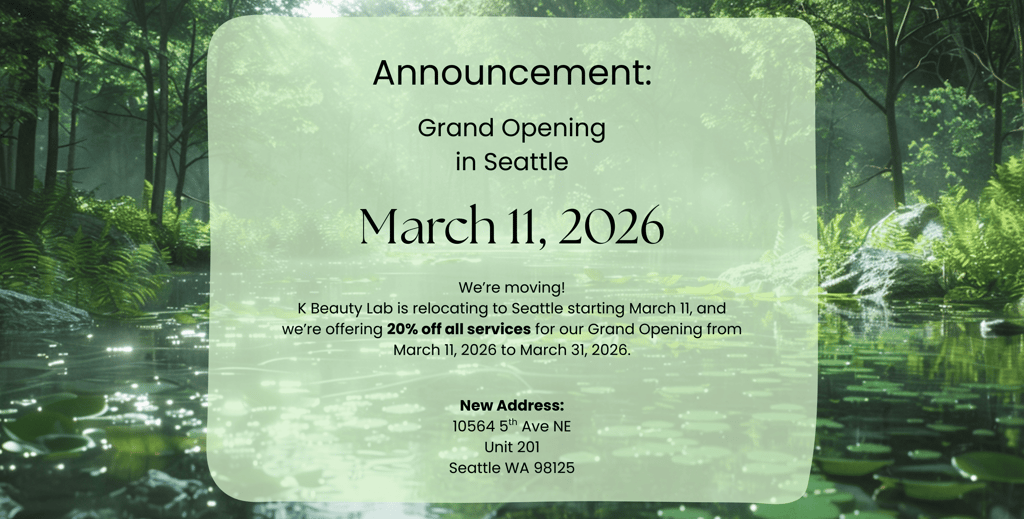K Beauty Lab Seattle grand opening announcement for March 11, 2026, featuring a forest pond background.