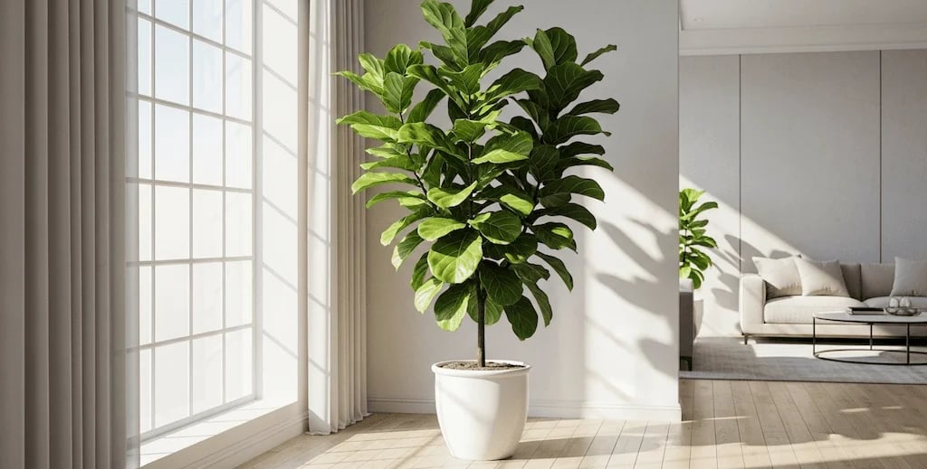 Un Ficus Lyrata alto y saludable con grandes hojas verdes, ubicado en una maceta blanca