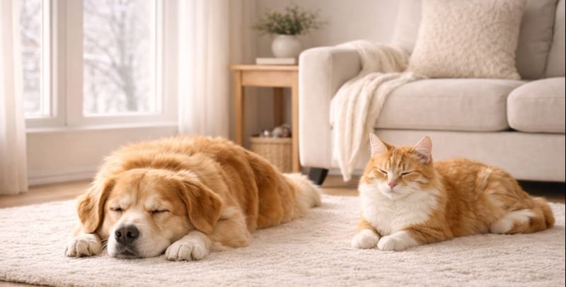Calm dog and cat resting indoors during winter in Burlington home