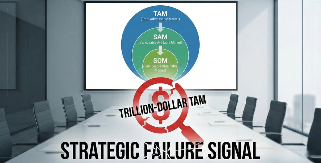 TAM SAM SOM market sizing diagram in a boardroom with overlay text identifying a Trillion-Dollar TAM