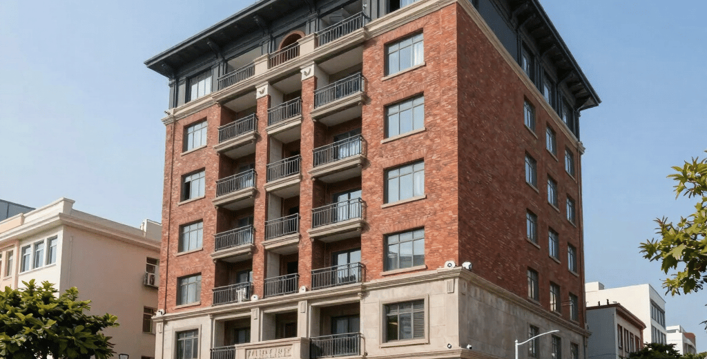 a white building with a yellow window and a wrought iron door