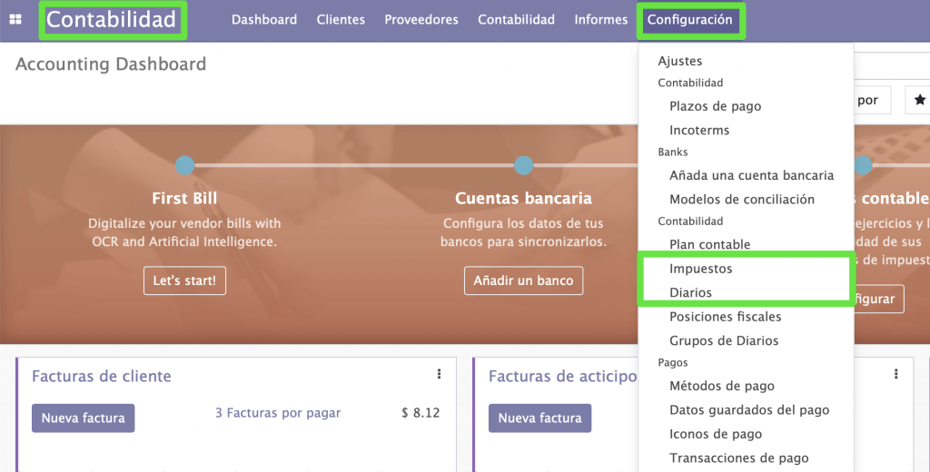 configuración de impuestos y diarios