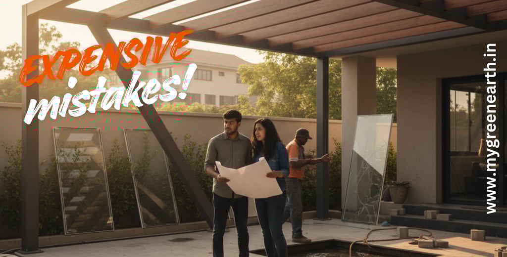 Skilled pergola makers from MyGreenearth using precision welding to construct a custom mild steel frame on a Bangalore roofto