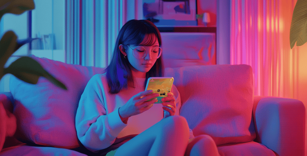 a woman sitting on a couch with a cell phone