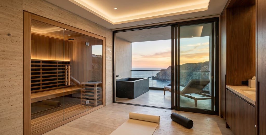Luxury Hotel Recovery Suite with in-room infrared sauna and balcony cold plunge.