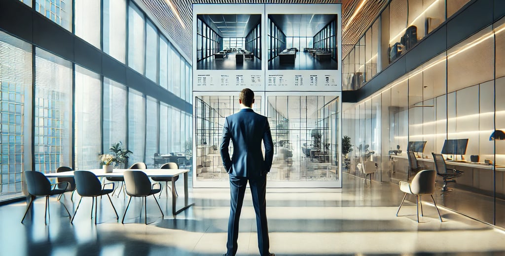 Chef de projet observant trois plans d’aménagement et des visuels 3D de bureaux