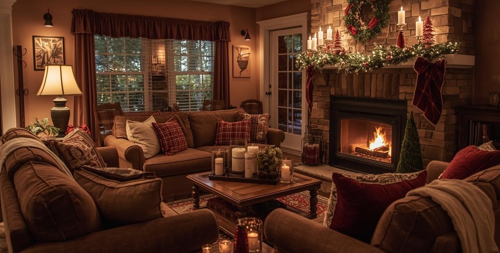 a cozy living room with a fireplace and Christmas decorations