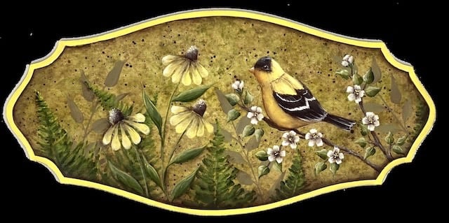 Chris Haughey's  Goldfinch Meadow, fern, white flowers, yellow flowers