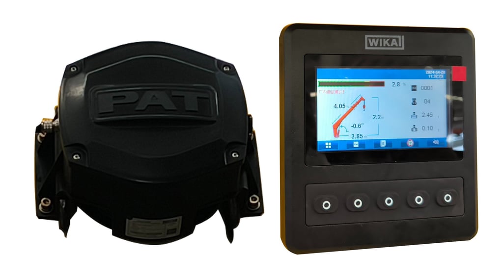 Control panel in black and yellow with digital display designed for truck mounted crane Torque Limiter.