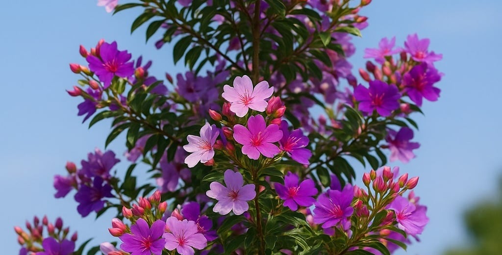 Manacá da serra em flor com pétalas roxas e rosadas sob céu azul.