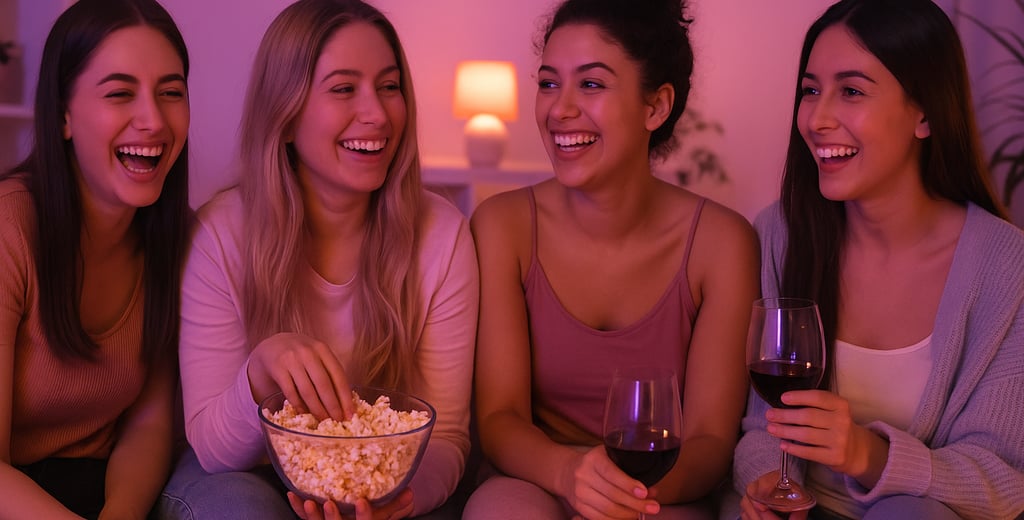 Group of young women enjoying a girls’ night with wine and popcorn in a cozy living room setting.
