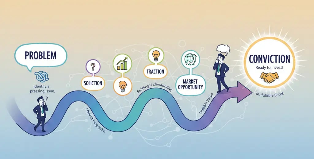 Illustration showing how strong pitch deck flow guides investor thinking smoothly from problem to co