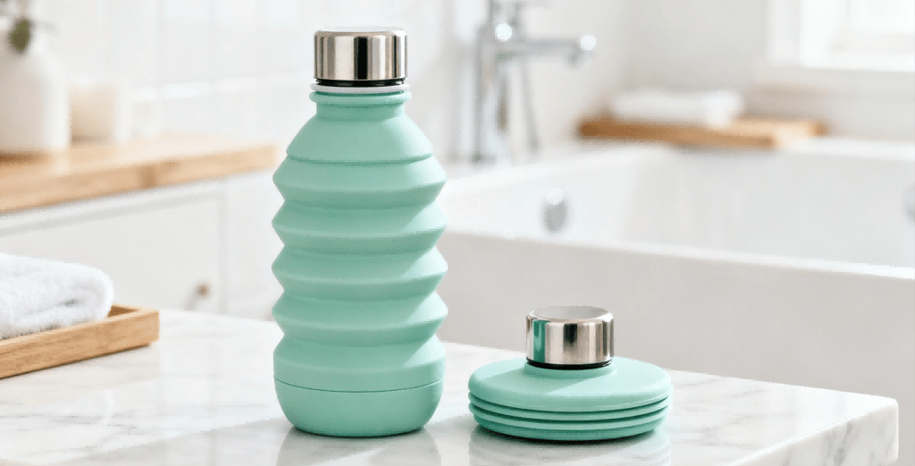 The “PureForm” collection’s mint green silicone collapsible water bottle.