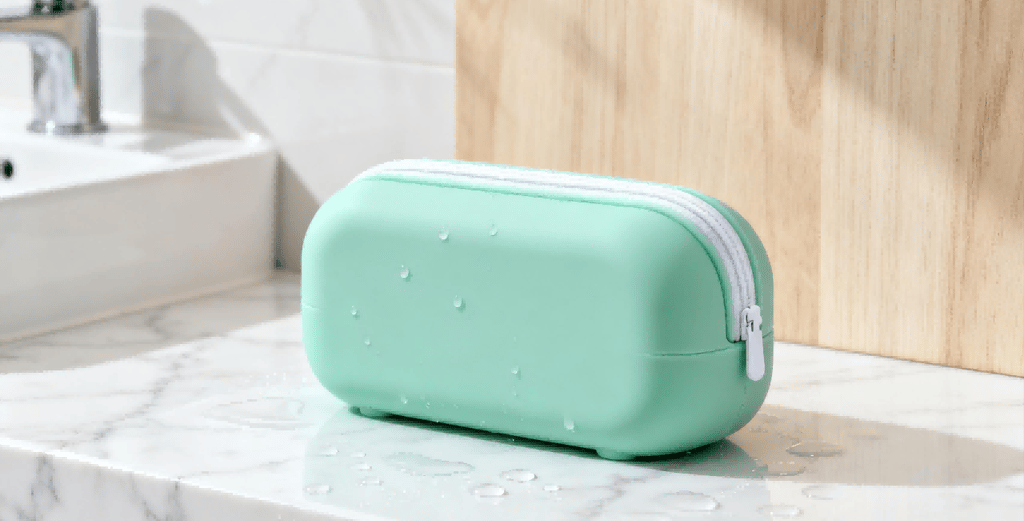 The "PureForm" GWP ecosystem in mint green **silicone**, including a pouch, bowl, and bottle