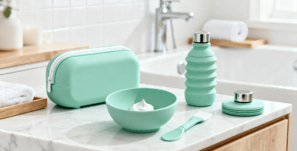 The "PureForm" GWP ecosystem in mint green **silicone**, including a pouch, bowl, and bottle