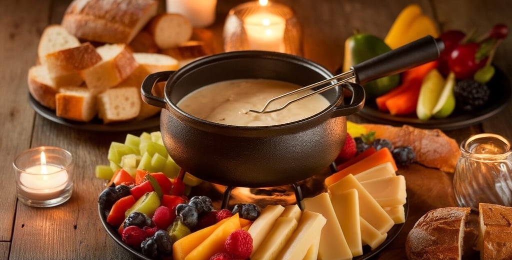 3 cheese fondue in a pot with fruit and cheese on a plate