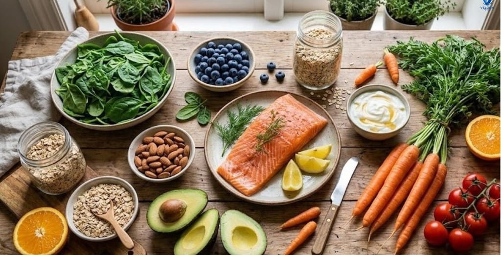 Healthy foods including spinach, blueberries, salmon, almonds, oats, avocado, yogurt, carrots,