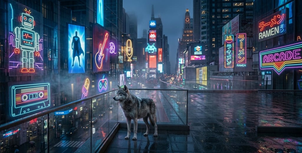 A lone wolf stands on a rainy balcony overlooking a futuristic city filled with vibrant neon signs and arcade lights.
