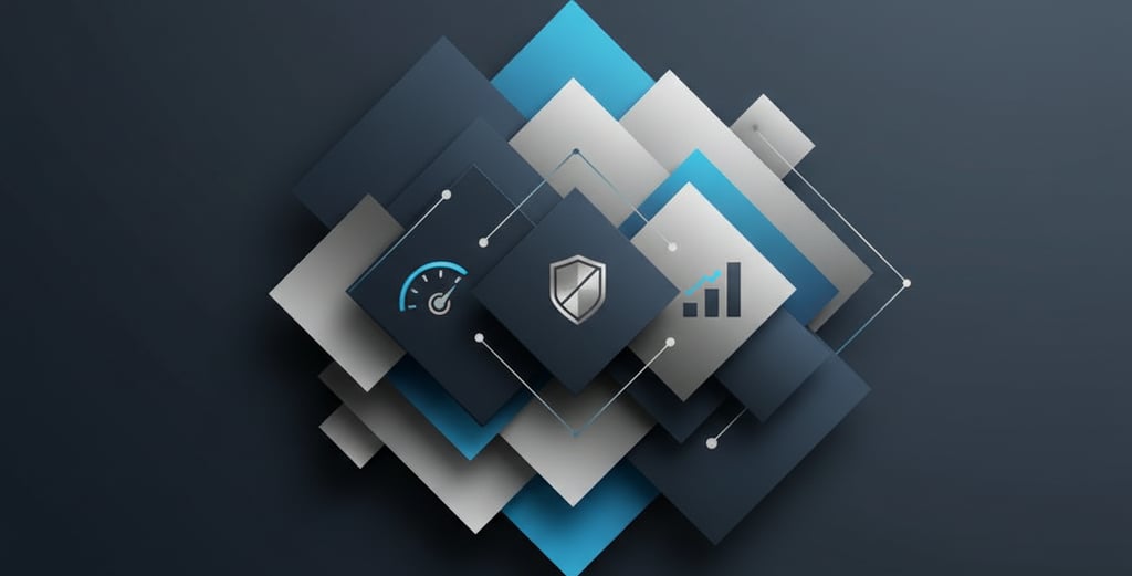 Minimal geometric image in navy, charcoal, silver, and blue with icons for hosting, integration, and