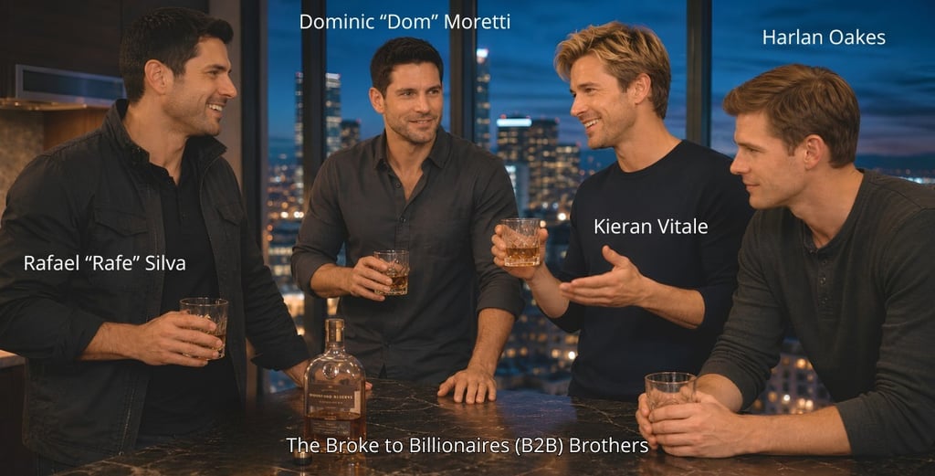 The Broke to Billionaires brothers, drinking whiskey in kitchen, Denver skyline view.
