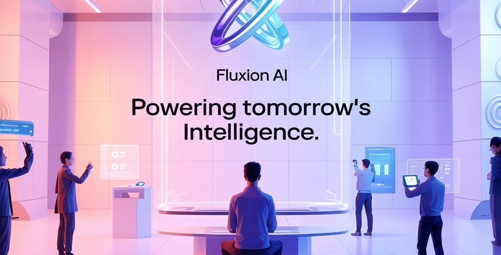 Futuristic hero banner for Fluxion AI featuring a sleek humanoid robot interacting with digital data elements, glowing graphs