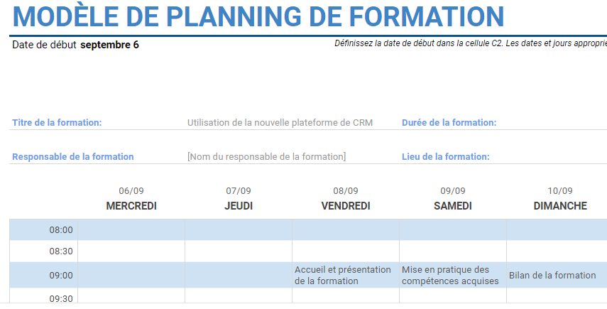 planning de formation exemple excel