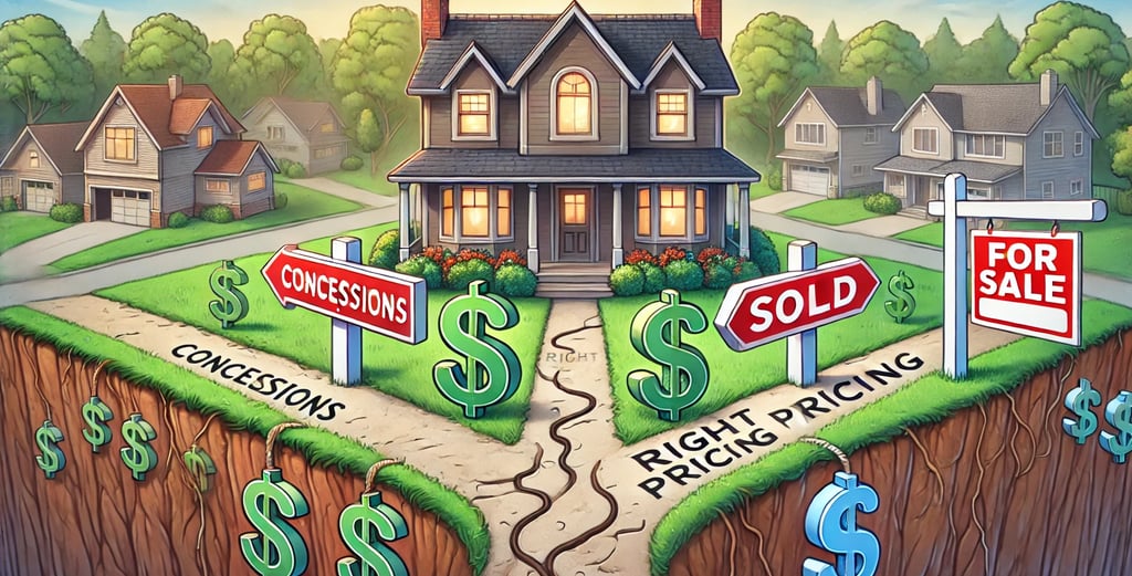 a house with a lot of money and signs