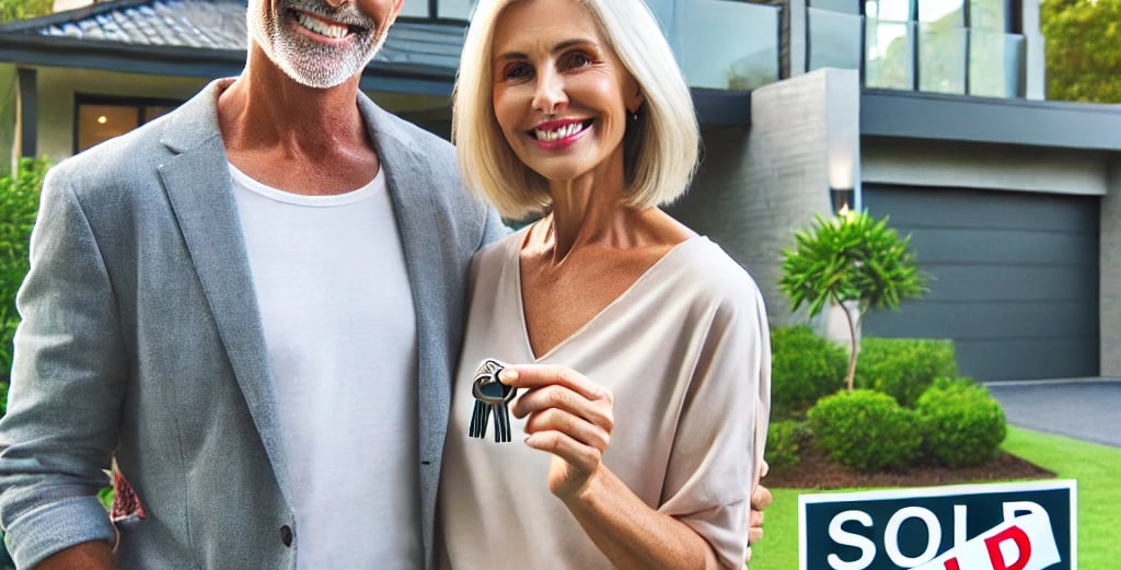a man and woman standing in front of a sold sign
