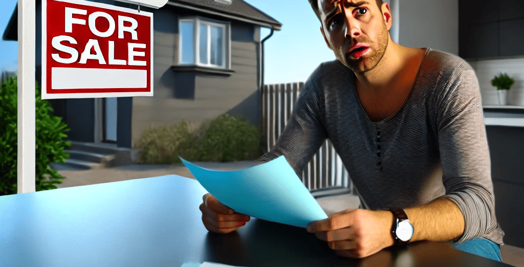 a man sitting at a table with a paper sign that says for sale