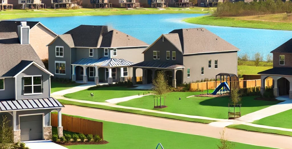 a large house with a pond and a playground area