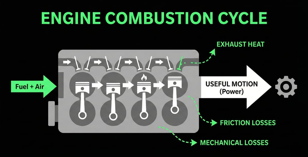 Diagram showing how a combustion engine converts fuel to motion, with heat and friction losses annotated