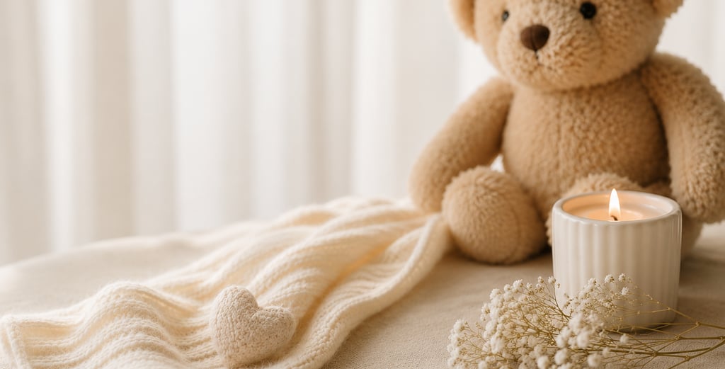 Comforting baby loss support blog banner with teddy bear, candle and message encouraging bereaved fa