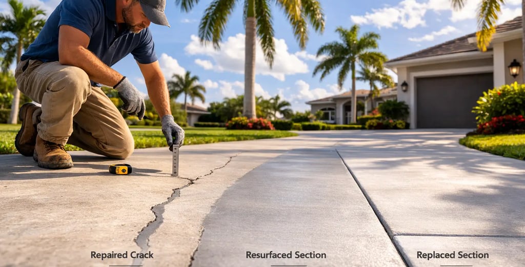 Concrete contractor inspecting a driveway crack in a South Florida home, with side by side repaired and resurfaced concrete