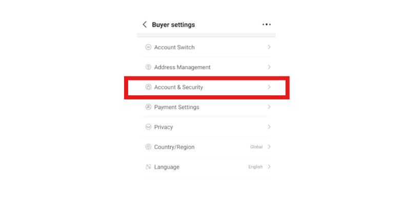 Screenshot of mobile buyer settings menu with Account & Security highlighted in a red box
