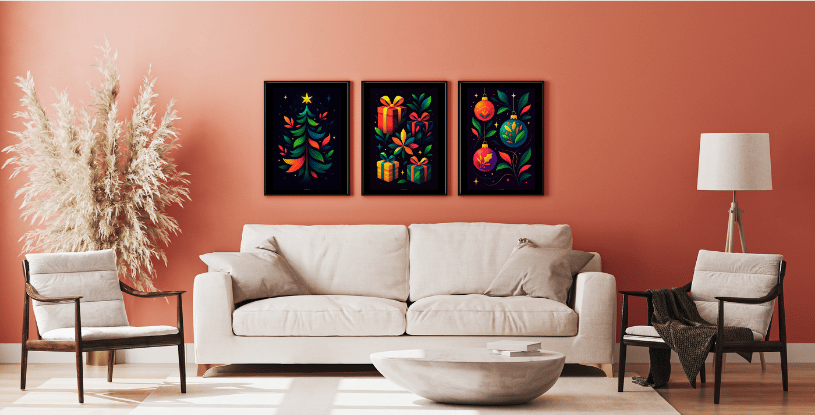 Décoration murale avec des posters de la série Noël Cosmique