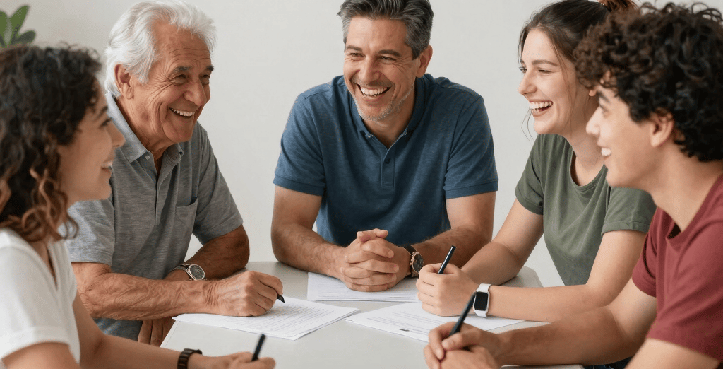A warm gathering of diverse Premont residents sharing ideas around a community table with laptops and notes.