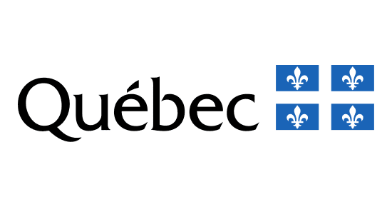Quebec emblem with bold font and four blue flags with white fleur-de-lis