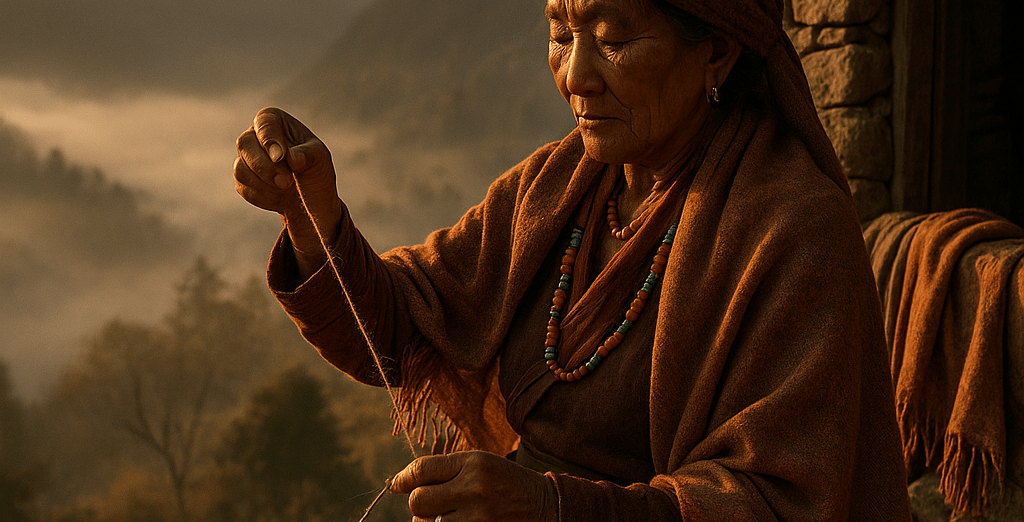 woman spinning yak wool at sunrise