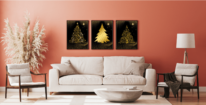 Décoration murale avec des posters de la série Noël Doré