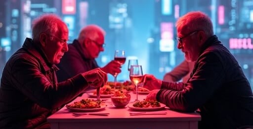 Hombres cenando dieta mediterranea 70 años