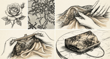 Design sketches showing the manufacturing process of King Fly lace bags.