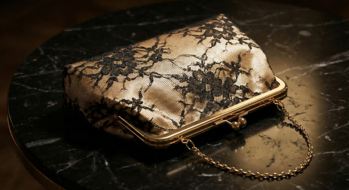 Close-up of black lace overlay on champagne gold satin clutch bag by King Fly.