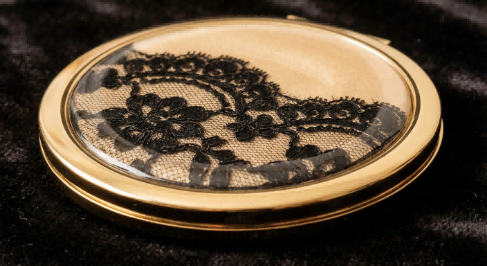 Gold compact mirror with real lace embedded in resin, custom GWP design.