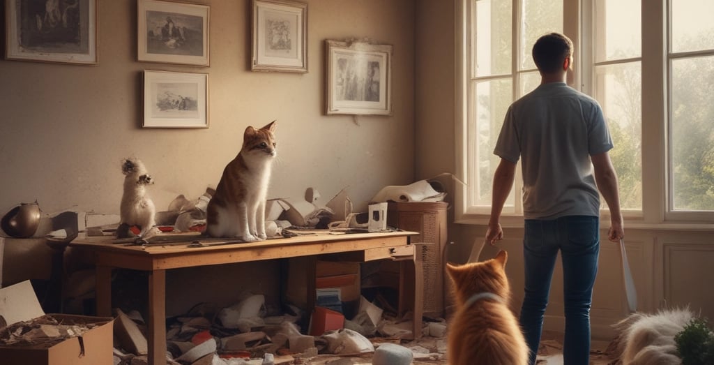 cat and dog destroys home